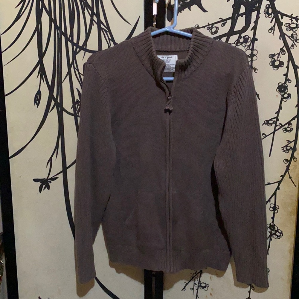 Life Is Good Women’s Brown Cardigan W/Kangaroo Pockets & Embroidered Logo